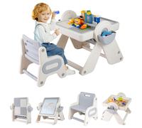 LIFEZEAL Table Pliable et Chaise pour Enfant, Table d'Activités Multi-Activités avec Tableau Noir, Plateau Inclinable et Plateau Eau/Sable, Hauteur Réglable (Gris+Blanc)