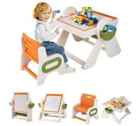 LIFEZEAL Table Pliable et Chaise pour Enfant, Table d'Activités Multi-Activités avec Tableau Noir, Plateau Inclinable et Plateau Eau/Sable, Hauteur Réglable (Orange+Vert)