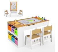 LIFEZEAL3 en 1 Ensemble Table et 2 Chaises pour Enfants, Table à Dessin avec Rouleau de Papier et Espace de Rangement, Set en Bois pour Activités Créatives, Charge de 91 KG et 75 KG (Naturel)