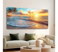 LIFKNVN Affiches et impressions de paysages naturels de coucher de soleil en bord de mer, peinture artistique, images de paysages naturels XXL pour salon 65 x 135 cm avec cadre
