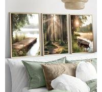 LIFKNVN Art mural abstrait nature lever de soleil petit bateau paysage photographie ensemble de 3 pièces forêt lac paysage impressions pour salon 40x60cmx3 sans cadre