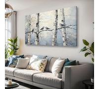 LIFKNVN Grande bande décorative murale moderne et rustique représentant un bouleau et des oiseaux, paysage horizontal minimaliste pour salon et salle de bain (60 x 120 cm/cadre intérieur)