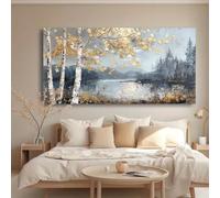 LIFKNVN Grande toile dorée, tableau abstrait moderne Birch Goldfall, décoration murale pour salon, chambre, bureau ou maison (65 x 135 cm/sans cadre)