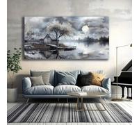 LIFKNVN Grande toile murale représentant un lac au clair de lune - Scène nocturne paisible - Peinture de paysage minimaliste - Affiche pour salon (70 x 140 cm/Sans cadre)