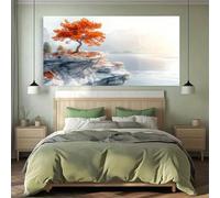 LIFKNVN Grande œuvre d'art murale abstraite moderne représentant un arbre au sommet d'une falaise - Feuillage orange et paysage de montagne, encre horizontale pour salon (70 x 140 cm/sans cadre)