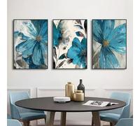 LIFKNVN Impression botanique Blooming Life, peintures murales sur toile, peinture bleue vintage, fleurs, affiches de salon pour décoration de salon, 70 x 100 cm (28 x 39 pouces) x 3 avec cadre