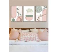 LIFKNVN Peinture murale sur toile rose, affiche abstraite, art mural bohème, images géométriques, impressions d'art, fleurs, feuilles vertes, affiches nordiques, salon, 40x60cmx3, sans cadre