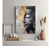 LIFKNVN Tableau moderne sur toile représentant un Bouddha - Texture de feuille d'or et de pierre craquelée - Œuvre d'art abstraite d'inspiration zen pour le salon (20 x 30 cm/cadre intérieur)