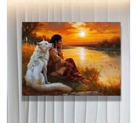 LIFKNVN Tableau sur toile représentant une femme amérindienne et un loup blanc, avec un coucher de soleil sur la rivière, idéal pour la décoration du salon ou de la chambre (60 x 90 cm/sans cadre)