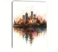 LIFKNVN Tableau sur toile style aquarelle représentant un paysage urbain - Reflet de la skyline, affiche moderne pour chambre ou salon (80 x 120 cm/sans cadre)