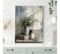 LIFKNVN Tableau sur toile style ferme rustique, nature morte vintage avec pichet en métal et composition florale, fond en bois vieilli (40 x 60 cm/sans cadre)