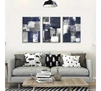 LIFKNVN Toile abstraite murale - Motifs géométriques modernes gris et bleu marine, peinture de fond texturée à coups de pinceau pour salon (70 x 100 cm x 3 / Sans cadre)