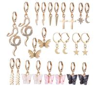 LIFKOME 12 paires Boucles Oreilles Créoles Femmes Assortiment Étoile Lune Serpent Croix Éclairs Design Délicat Mode