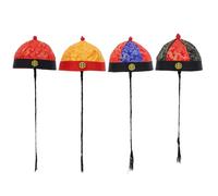 LIFKOME 4 Pièces Lot de 4 Chapeaux D’Empereur Chinois Antique avec Tresses, Taille Adulte 9, Tissu Doux, Couleurs Rouge-Bleu, Rouge-Noir, Jaune Bord Rouge et Motif Prunier, Accessoires