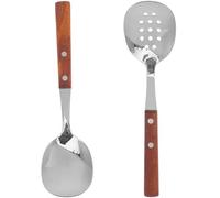 LIFKOME Cuillère à Fentes Inoxydable Manche en Bois Naturel, Ensemble 2 Pièces Cuillères de Service Cuisine et Buffet, Ustensiles Polyvalents pour Égoutter et Servir Lors du Dîner
