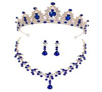 LIFKOME Parure de Mariage Femme 3 Pièces Collier Cristal Boucles D'oreilles Tiare Bleu Doré pour Mariée Accessoires Cérémonie Bijoux Fiançailles Élégant