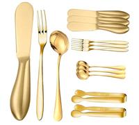 LIFKOME Set de Couteaux à Beurre Multi Acier Inoxydable Couteaux à Fromage Cuillère à Café Petite Pince de Service Ustensiles Dorés pour Dessert et Tartinage