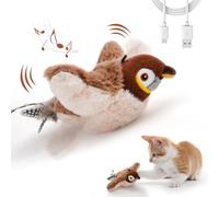 LIFLIX Jouet interactif pour chat - Oiseau qui batte les ailes (ne vole pas) et gazouillant - Jouet d'herbe à chat - Jouet moineau rechargeable - Moineau