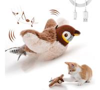LIFLIX Jouets interactifs pour chat - Oiseau battant rechargeable (sans voler) avec herbe à chat pour chat d'intérieur - Activé au toucher - Jouet d'exercice en peluche pour chaton (moineau marron)