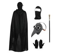 Lifreer Costume de médecin de la peste, masque de docteur d'oiseau à long nez avec gants noirs, cape à capuche, masque intégral, canne pour adultes