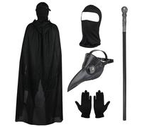 Lifreer Costume de Médecin de la Peste - Masque Steampunk à Bec Long Avec Gants Noirs, Cape à Capuche, Masque Intégral et Canne pour Halloween et Cosplay