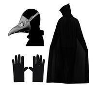 Lifreer Costume d'Halloween de médecin de la peste, masque à long nez avec bec d'oiseau, masque steampunk avec gants noirs, manteau à capuche pour enfants et adultes