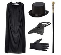 Lifreer Costume rétro de médecin en période de peste en cuir avec masque en forme de bec d’oiseau, chapeau, canne de roi, manteau à capuche, gants Noir