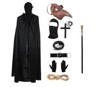 Lifreer Ensemble d'accessoires d'Halloween - Masque rétro en cuir d'oiseau - Masque gothique de médecins - Avec bâton complet - Manteau à capuche - Noir - Pour Halloween, cosplay - Marron argenté