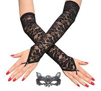 Lifreer Gants Longs en Dentelle Noire Avec Masque de Chat - Accessoires d'Halloween Pour Femme, Noir A, Taille Unique