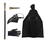 Lifreer Masque de docteur de la peste - Masque rétro rivet oiseau - Masque steampunk - Masque d'Halloween avec gants noirs, canne, cape à capuche