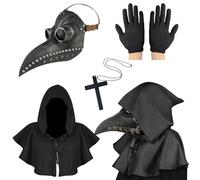 Lifreer Masque de médecin de la pest - Costume d'Halloween pour homme - Costume de médecin de la peste, steampunk - Masque d'Halloween pour adulte - Noir et argenté - Avec gants et cape à capuche pour