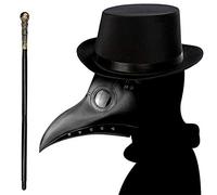Lifreer Masque de médecin de la peste à long bec d'oiseau Steampunk Chapeau haut-de-forme Canne à main Accessoires de costume d'Halloween Cosplay
