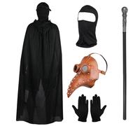 Lifreer Masque de médecin de la peste à long nez avec gants noirs, cape à capuche, masque intégral pour Halloween, cosplay, fête