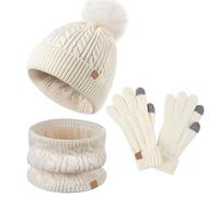 Lifup Chaud Écharpe et Gants Bonnet Ensemble pour Garçons Filles de 5 à 12 Ans, Bonnet Enfant Hiver avec Pompon, Épaisse Doublure Polaire Écharpe Chapeaux Beige