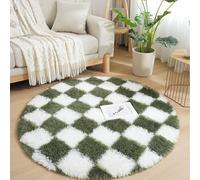 Lifup Tapis Rond Shaggy Damier, Tapis de Salon à Poils Longs à Carreaux, Antidérapant, Lavable, Doux et Moelleux pour Chambre Dortoir Cuisine Vert et Blanc 2 140 x 140 cm