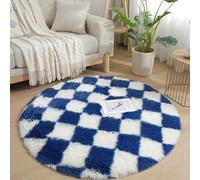 Lifup Tapis Rond Shaggy Damier, Tapis de Salon à Poils Longs à Carreaux, Antidérapant, Lavable, Doux et Moelleux pour Chambre Dortoir Cuisine Bleu et Blanc 140 x 140 cm