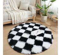 Lifup Tapis Rond Shaggy Damier, Tapis de Salon à Poils Longs à Carreaux, Antidérapant, Lavable, Doux et Moelleux pour Chambre Dortoir Cuisine Noir et Blanc 120 x 120 cm