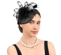 Lifup Vintage Fascinator Hat Femme, Fleur Maille Dentelle Clip Chapeau, Plumage Bandeau, Mariage et Cocktail Tea Party Chapeaux pour Fête Église Argent Noir