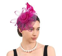 Lifup Vintage Fascinator Hat Femme, Fleur Maille Dentelle Clip Chapeau, Plumage Bandeau, Mariage et Cocktail Tea Party Chapeaux pour Fête Église Rose vif