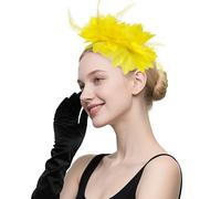 Lifup Vintage Fascinator Hat Femme, Plumage Bandeau, Fleur Maille Dentelle Clip Chapeau pour Fête Église, Mariage et Cocktail Tea Party Chapeaux Jaune