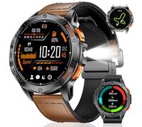 LIGE GPS Montre Connectée Hommes, Appels Bluetooth, Lampe Torche LED, 1,43" AMOLED Smartwatch avec 100+ Modes Sportifs, Boussole/Baromètre/Altimètre, pour iOS et Android, Cuir Marron