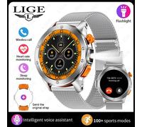 Lige Mode Montre Intelligente Hommes Assistant Vocal Bluetooth Appel Surveillance De La Fréquence Cardiaque Ip68 Led Étanche Lampe De Poche Hommes Smartwatch.Mesh Belt Sliver.