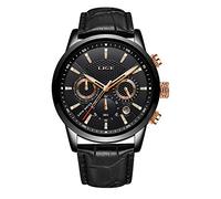 LIGE Montre Homme Chronographe Étanche Quartz Analogique Acier Inoxydable Cuir Bracelet Design Calendrier Montre…, Doré Noir, Sangle
