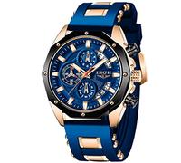 LIGE Montre Homme Etanche Chronographe Analogique Quartz, Montres Lumineuses Date Grand Cadran Classique Mode Affaires Élégant Acier Inoxydable Montre Cadeau pour Hommes, Bracelet en Silicone Or Bleu