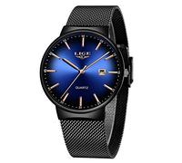 LIGE Montre Homme Étanche en Acier Inoxydable avec Calendrier Analogique Quartz Noir Montres Bracelet pour Homme (Noir Bleu)