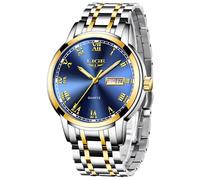 LIGE Montre Homme, Montres Bracelet Analogique à Quartz, Acier Inoxydable Etanche 3ATM, Fonction Calendrier, Aiguilles Lumineuses Affichage, Mode Assortissement Business Décontracté, Blue Gold