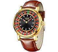 LIGE Montre Homme Or, Montres Bracelet Quartz Simulation, Cadran Boussole en Émail, Bracelet en Cuir Véritable, Étanche 3 ATM (30 Mètres), Affichage Lumineux des Aiguilles, Affaires Luxe Loisirs