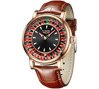 LIGE Montre Homme Or Rose, Montres Bracelet Quartz Simulation, Cadran Boussole en Émail, Bracelet en Cuir Véritable, Étanche 3 ATM (30 Mètres), Affichage Lumineux des Aiguilles, Affaires Luxe Loisirs