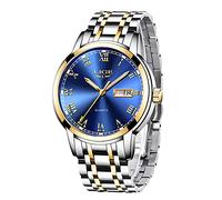 LIGE Montre Homme Quartz Analogique Bracelet Acier Inoxydable Etanche, Doré/bleu