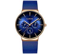 LIGE Montre Hommes Busines éTanche en Acier Inoxydable Sport Analogique Quartz Ultra-Mince Daffaires DéContracté Cadran Bleu Bracelet Montre-Bracelet
